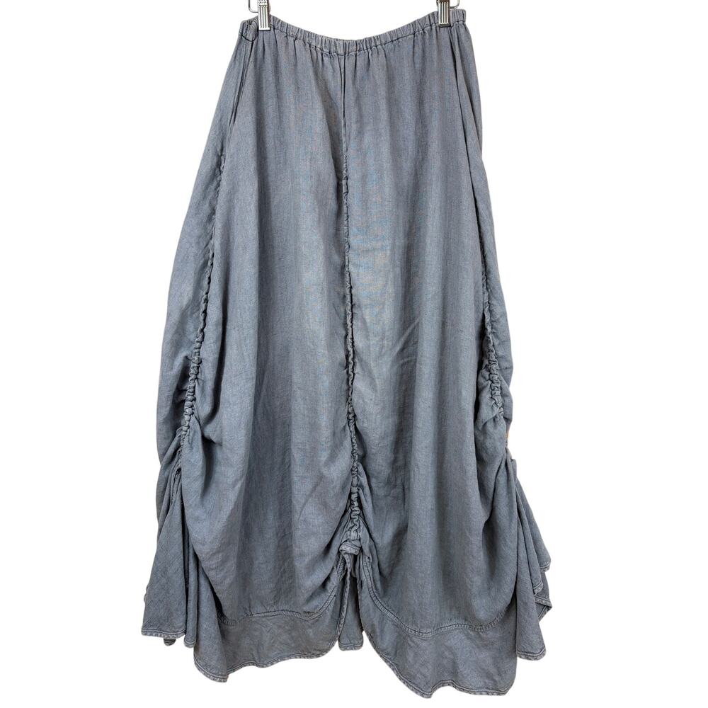 Cynthia Ashby Blue Linen Ruffled Stretch Waist Maxi Skirt Size MED